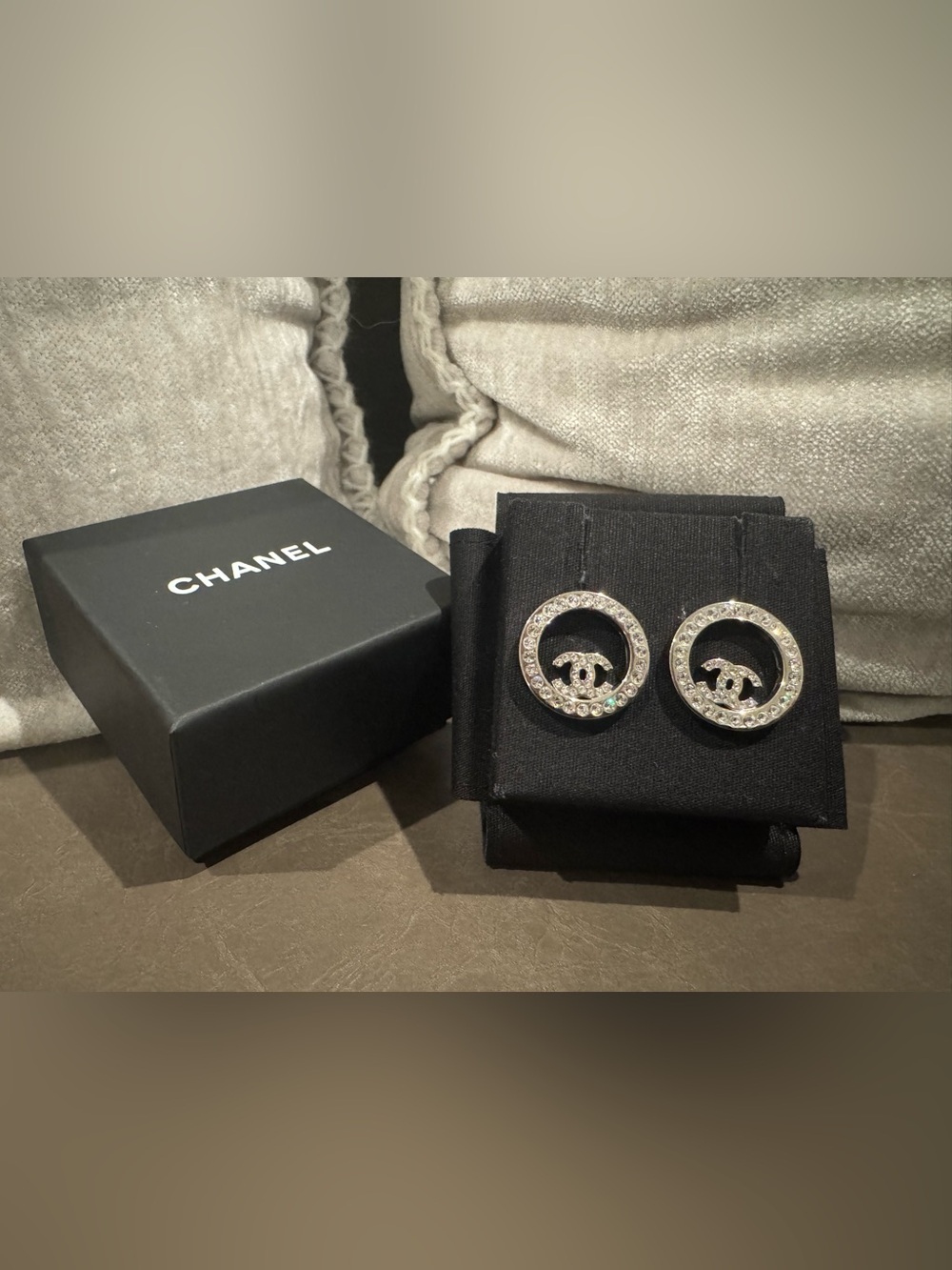 CHANEL Silver-Tone Crystal CC Circle Stud Earrings